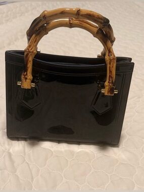 Black Patent Top-Handle Bag with Bamboo-Style Handles